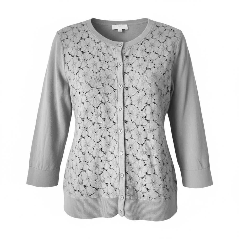 LOFT Blue Floral Lace Button-Up Sweater - Picture 2 of 12